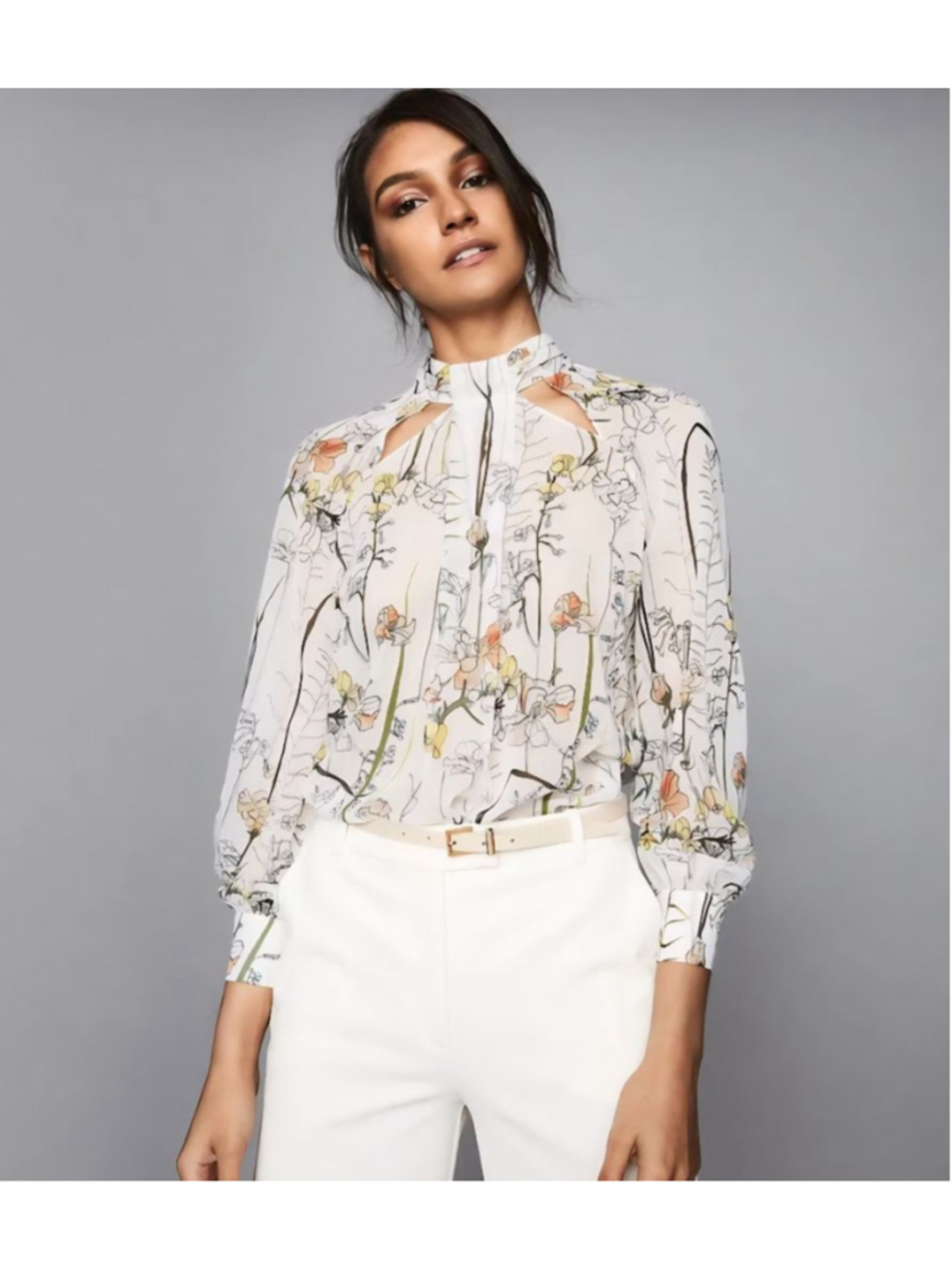 REISS Ingrid Floral Cutout Blouse Size 8 White with Multicolor Print